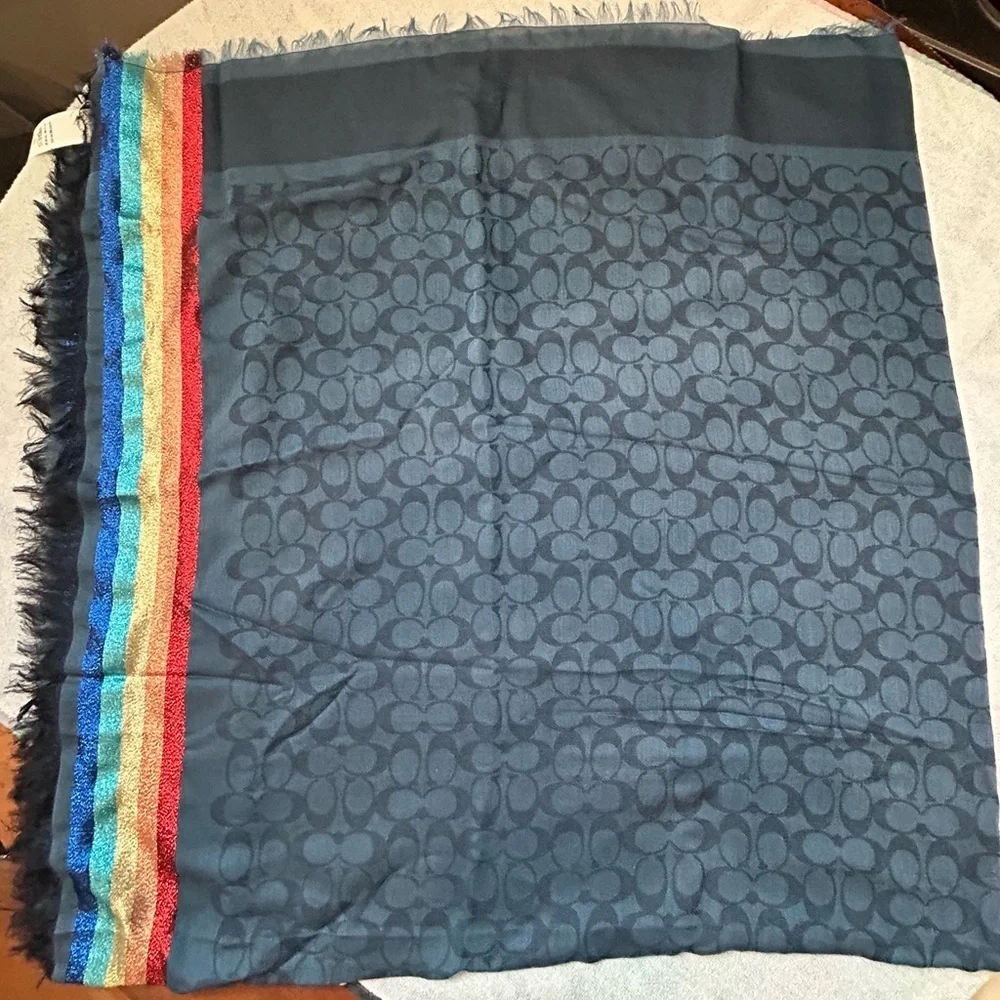 Coach Navy Scarf with Rainbow Stripes